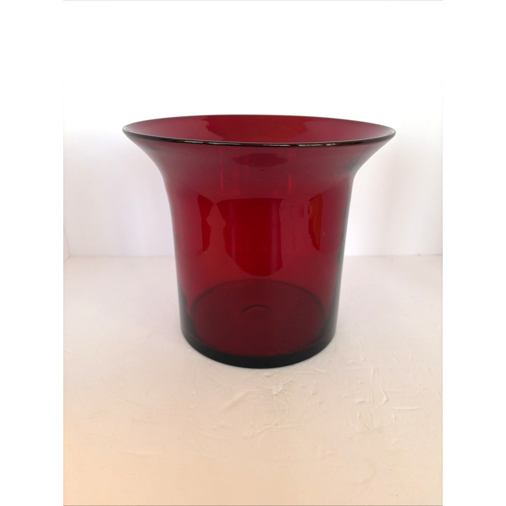 Vintage‎ Hand Blown Ruby Red Art Glass Vase Candle Holder Urn Blenko Style